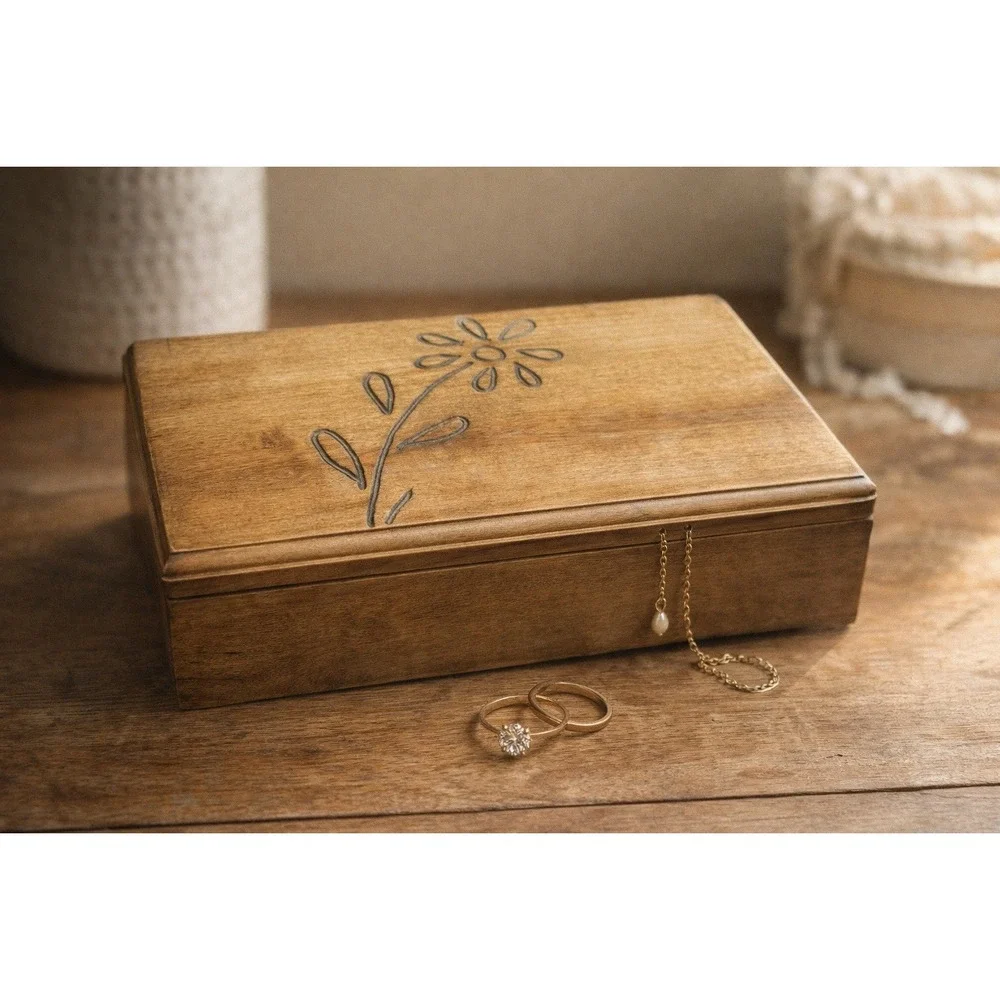 Vintage Rustic Wooden Jewelry Box Hand Carved‎ Floral Farmhouse Trinket 12
